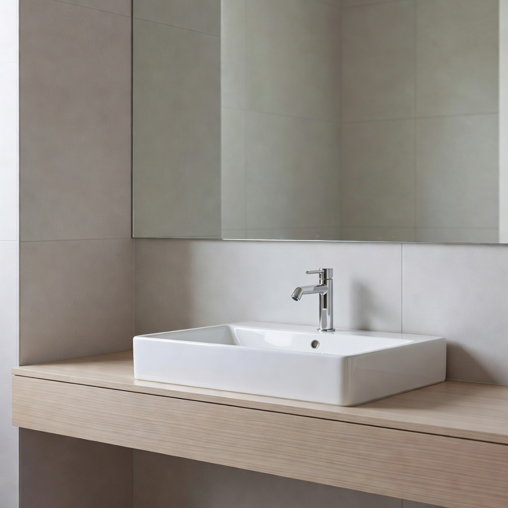 Clean modern bathroom sink and mirror