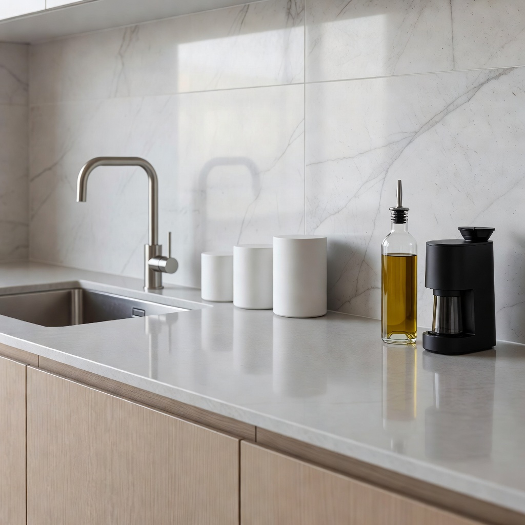 Detailed close-up of a modern clean kitchen worktop
